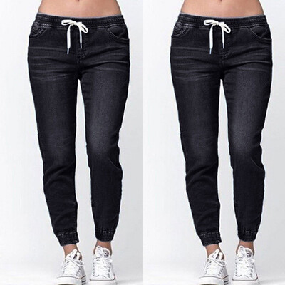 

〖Follure〗Women Autumn Elastic Plus Loose Denim Casual Drawstring Plus Cropped Jeans