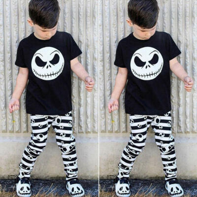 

2PCS Newborn Baby Boy Skull print T shirt Tops Striped Pants Clothes Outfits Set