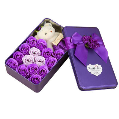 

15pcsBox Rose Flower Bath Scented Soap Bear Doll Iron Box Valentine Gift