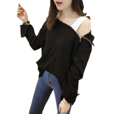 

Oioninos Zipper Irregular Collar Sling Strapless Petal Long-Sleeve Pullover Sweatshirt oversized Hoodies Women 2017 Autumn