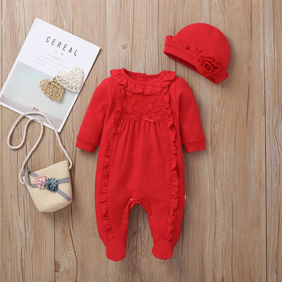 

3 Colors Autumn Newborn Baby Girls Clothes 0-9M Ruffle Design Long Sleeve Jumpsuit With Hat New