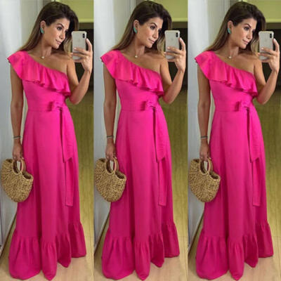 

US Sexy Women One Shoulder Lace Up Ruffle Slim Evening Party Cocktail Long Dress