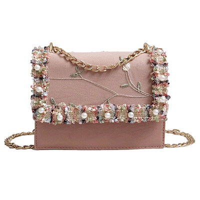 

Fashion Women Lace Flower Faux Pearl Leather Flap Chain Crossbody Shoulder Bag