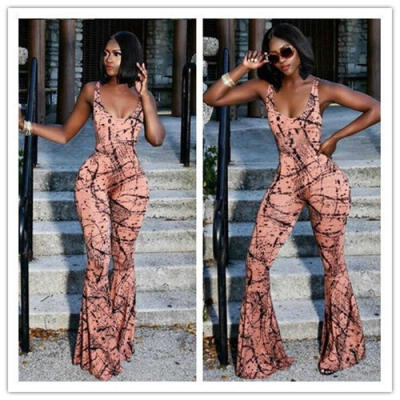 

Women Summer Slingless Sexy Backless Wide Leg Jumpsuit Pink Print