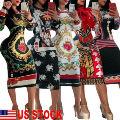 

US Plus Size Ladies Long Sleeve Floral Women Party Bodycon Maxi Dress Clothing