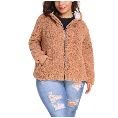 

Toponeto Womens Casual Plus Size Solid Color Zipper Pocket Hooded Plush Short Coat