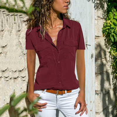 

Solid Color Women Summer Tops Casual Slim Short Sleeve Lapel T-shirt Blouse