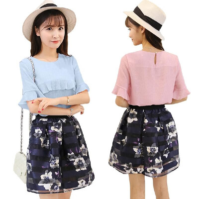 

New Fashion Women Two-Piece Set Ruffles Flare Sleeve Chiffon Tops Mesh Flower Print Strap Splicing Sweet Two-piece Suit Dress Pin
