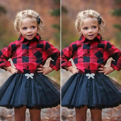 

US 2PCS Toddler Baby Girl Clothes Long Sleeve Plaid ShirtTulle Skirt Outfit Set