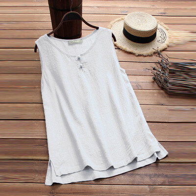 

Roseonmyhand Women O-neck Button Pure Color Plus Size Vintage Sleeveless Vest Tops Blouse