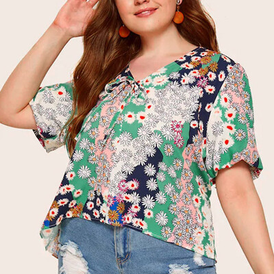 

Roseonmyhand Women Casual Short Sleeve Floral Print V Neck Plus Size Tops Blouse T Shirt