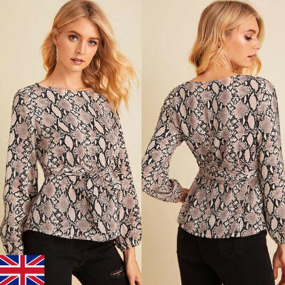 

Womens Snake Print Long Sleeve Belt Blouse Ladies Casual Slim Fit Tops T-Shirt