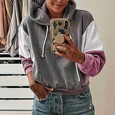 

New Fashion Women Hooded Sweater Casual Printed Stitching Color Long Sleeve Loose Tops Hoodies Coat