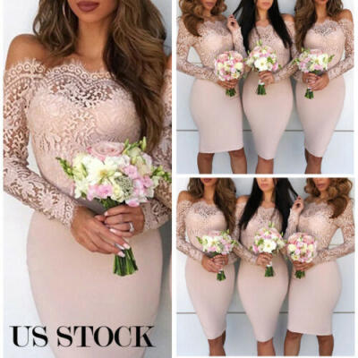 

US STOCK New Womens Lace Long Sleeve Wedding Evening Cocktail Short Mini Dress