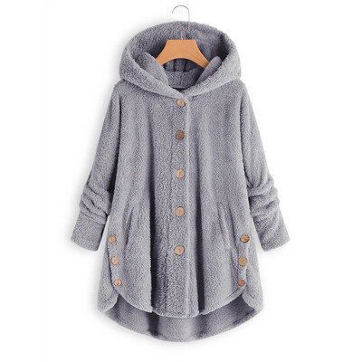 

Coat Women Warm Casual Loose Button Single-breasted Fleece Hooded Home Wear