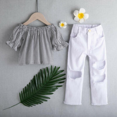 

Summer Girls Clothes fashion TopsRipped Pants Set Kids Off Shoulder Outfits New