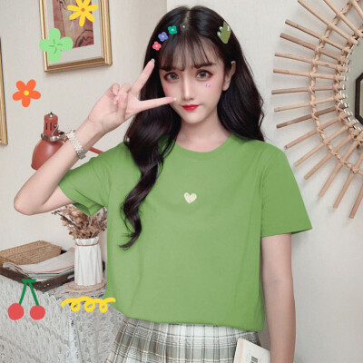 

Women T-Shirt colorful Tops Cute Girl Love Heart Embroidery Print T-Shirt Female Casual T shirt Women T Shirt Summer