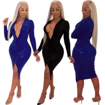 

Women Deep V Neck Sequin Bodycon Evening Cocktail Party Club Short Mini Dress AU