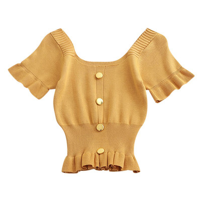

New T Shirt Women Summer Solid Color Casual Tops Female Square Collar Fashion T-Shirt Knit Button Puff Sleeved Sexy Slim Tops