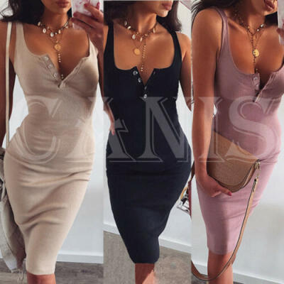 

Sexy Women Solid Strap Button Sleeveless Stretchy Package Hip Bodycon Dress