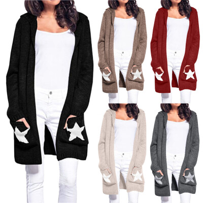 

Roseonmyhand Womens Long Sleeve Hooded Cardigan Star Patchwork Open Front Cardigan Sweater