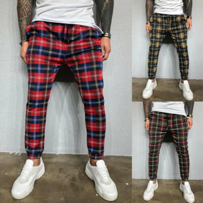 

Mens Urban Straight Leg Trousers Casual Pencil Jogger Cargo PlaidChecks Pants