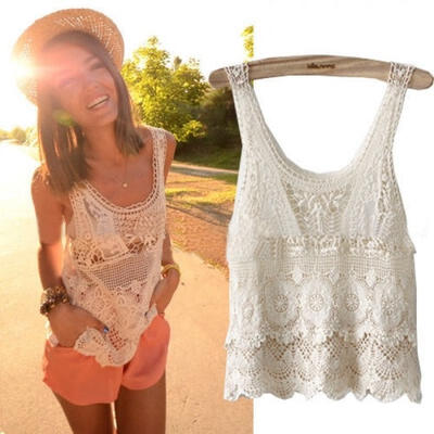 

Women Summer Hippie Bohemian Vintage Chic Crochet Lace Beige Sexy Tank Vest Top