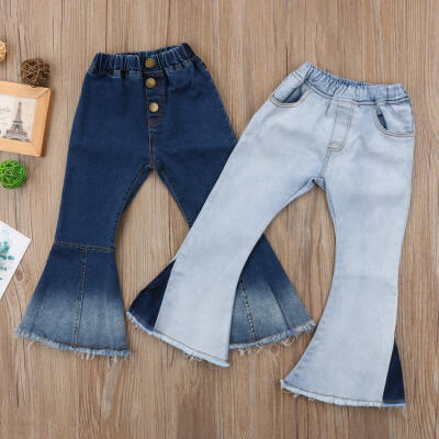 

2-7T Toddler Kids Baby Girl Bell-Bottom Pants Hit Color Denim Wide Leg Jeans Trousers