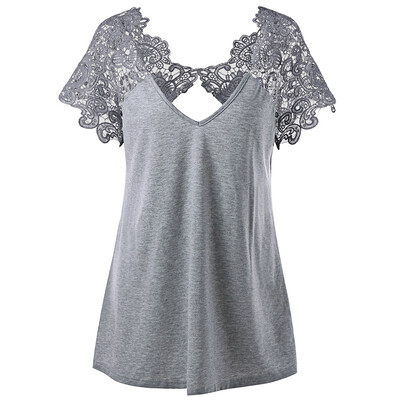 

V Neck Plus Size Lace Trim Cutwork T-Shirt