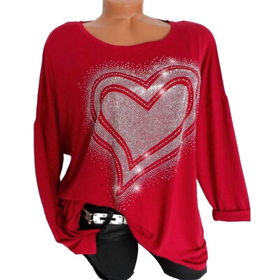 

2019 Fashion Women Diamond O-neck Long sleeves Loose T-shirt