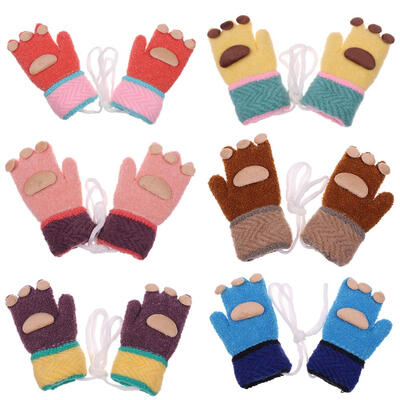 

Cute Kids Boys Girls Fleece Warm Mittens Bear Palm Pattern Knitted Gloves