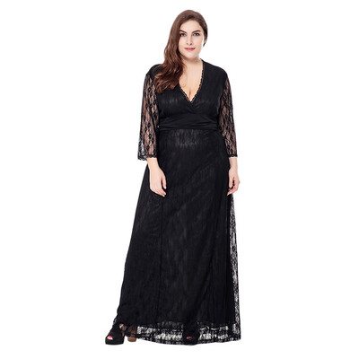 

Sexy Plunge Neck 34 Sleeve See-through Lace Plus Size Women Maxi Dress