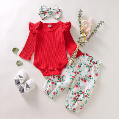 

Autumn Newborn Baby Girl Pure Cotton Clothes Set 3Pcs Red Ruffled Long Sleeve Bodysuits Tops Floral Long Pants Headband 0-18