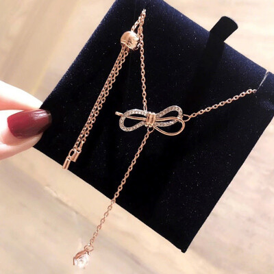 

Bow Knot Necklace Diamond Pendant for Women Adjustable Length Clavicle Chain Choker Necklace Wedding Jewelry Gifts