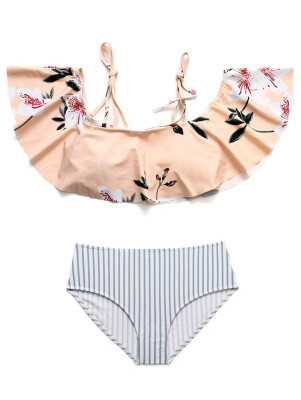 

Floral Print Striped Bikini Set