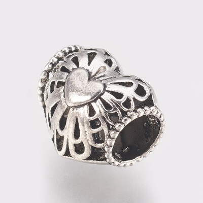 

Hollow Alloy European Beads Large Hole Beads Heart Antique Silver 10x11x9mm Hole 5mm