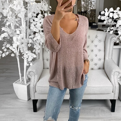 

Womens Tops Sexy Casual V-Neck Hollow Long Sleeve Knitting Pullover Sweater