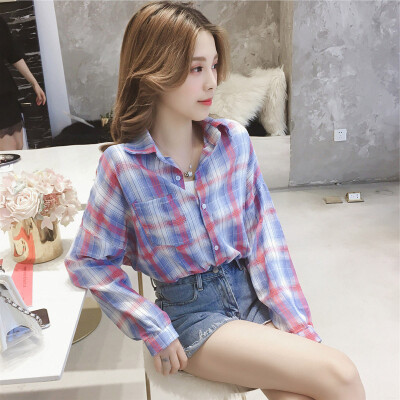 

Women Plaid Blouse Lapel Loose Shirt Single-breasted Long Sleeve Elegant Blouse Sunscreen Office Lady Korean Style Tops