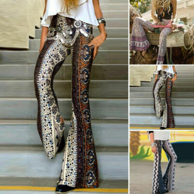 

2018 Women Boho Hippie High Waist Wide Leg Flared Bell Bottom Flroal Long Pants
