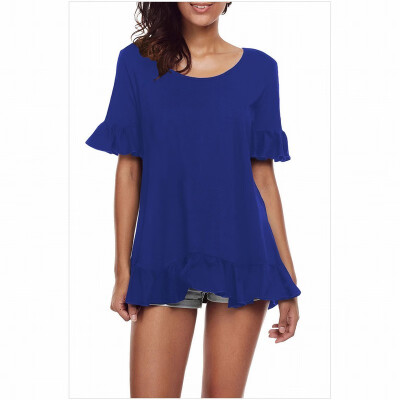 

Round neck short-sleeved ruffled hem trimmed solid color straight top casual top