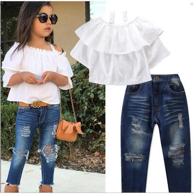 

Kids Baby Girls Summer Outfits Clothes Ruffle Sleeve Sling T-shirt TopsDenim Ripped Long Pants Set