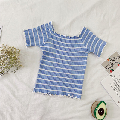 

Womens Slash Neck Striped Tshirts Girl Knitted Short Sleeve Ruffles Summer T-shirt Top for Woman