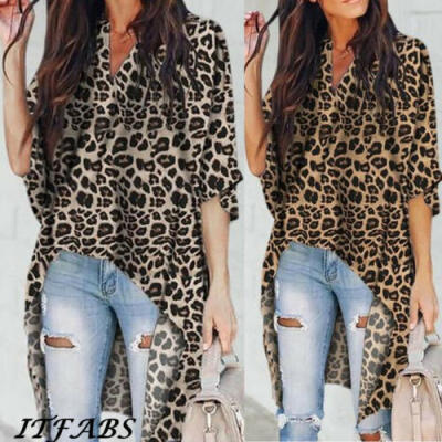 

Women Ladies V-Neck Casual Blouse Long Sleeve Irregular Leopard Print Shirt Tops