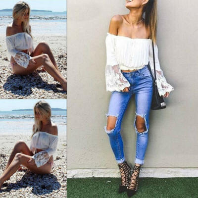 

Women Sexy Long Sleeve Slim Solid Off Shoulder Lace Top Blouse T-Shirt Plus Size