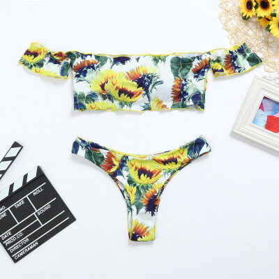 

Roseonmyhand Sexy Thong Bikini Off Shoulder Sunflower Lettuce Hem Bikini High Cut Bottoms