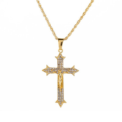 

Men Fashion Jewelry Stainless Steel 18K Gold Diamond Jesus Christ Cross Pendant Necklace Hip Hop Iced Out Chain Necklace
