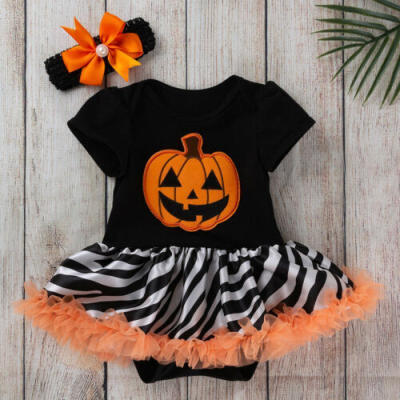 

Toddler Kid Baby Girl Pumpkin Striped Short Sleeve Halloween DressHeadbands set