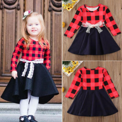 

Toddler Baby Girls Kids Princess Plaid Dress Party Xmas Lace Short Mini Dress US