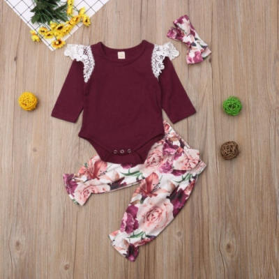 

Newborn Baby Girls Clothes Set Kids Long Sleeve Romper Bodysuit JumpsuitFlower Leggings Pants Headbands 3Pcs Outfit