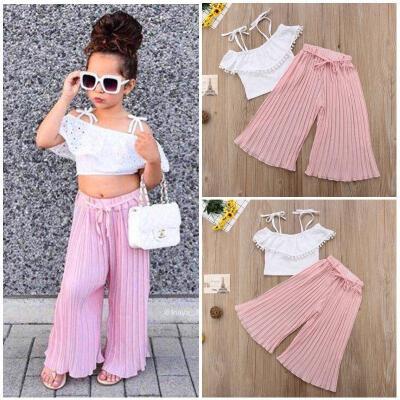 

Lace Kids Toddler Baby Girls Striped Off Shoulder Crop Tops Pants Outfit Clothes